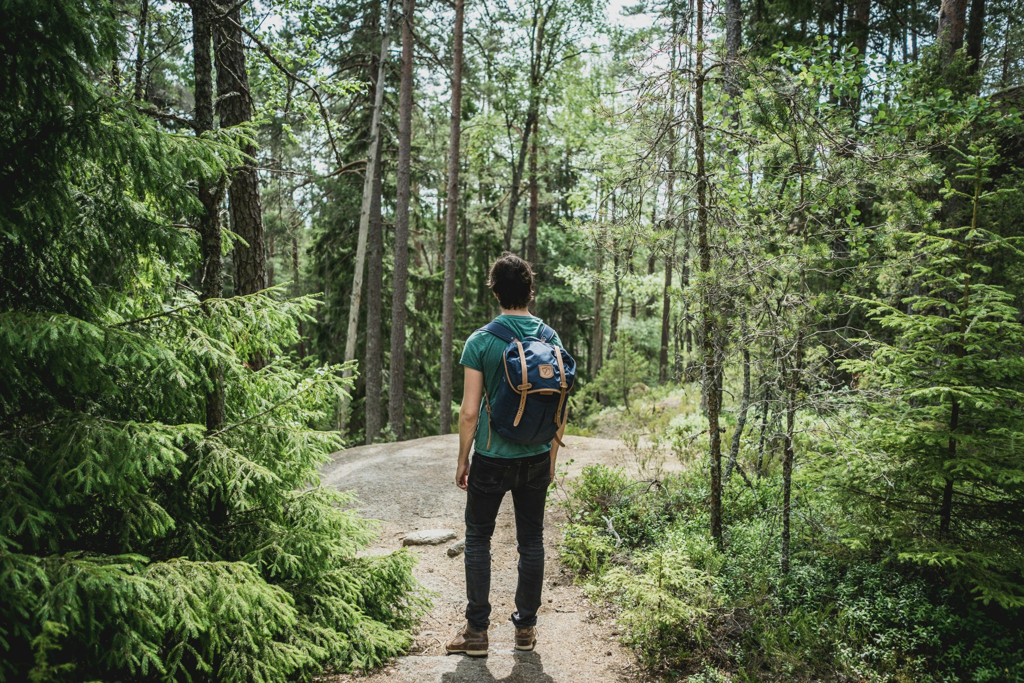 Ein Wanderer mit blauem Rucksack steht auf einem felsigen Waldweg